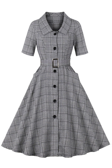 Grå Plaid revers hals Vintage 1950'erne kjole